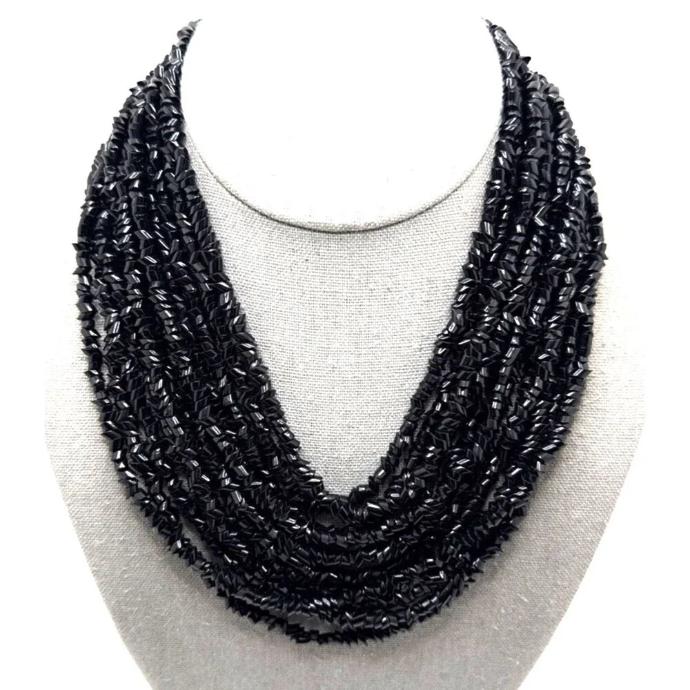 Vintage Black Multi Strand Glass Chip Bead Choker Necklace Runway Statement 18